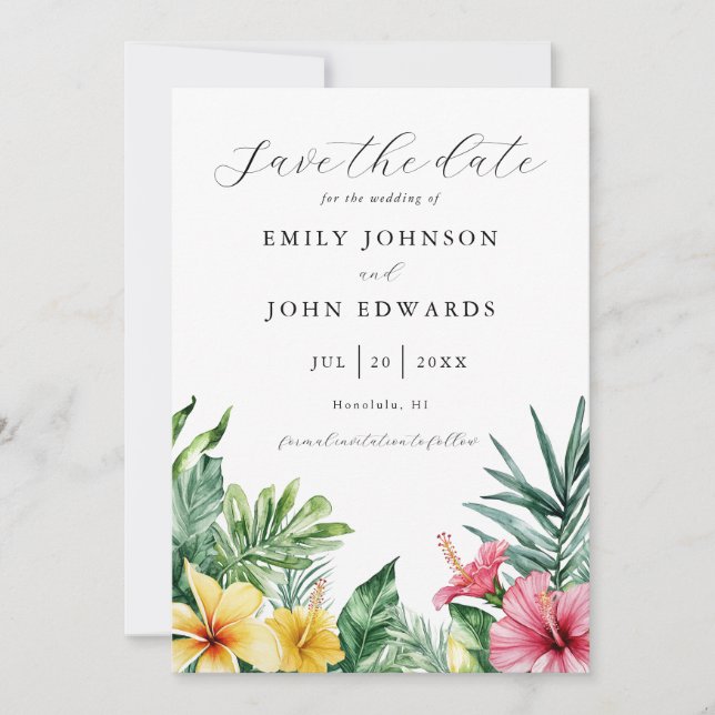 Save The Date Aquarelle Fleurs tropicales Mariage de verdure (Devant)