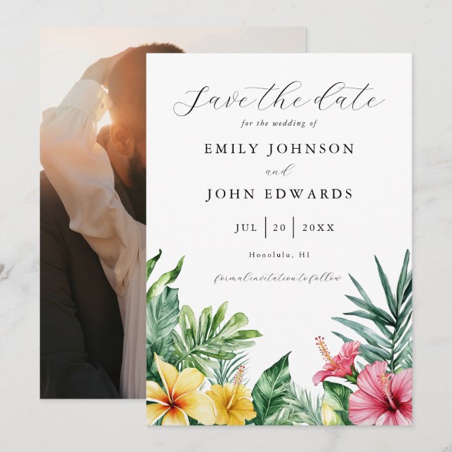 Save The Date Aquarelle Fleurs tropicales Verdure Mariage photo (Devant / Derrière)