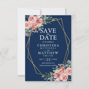 Save The Date Aquarelle Floral Blush Mariage bleu marine rose