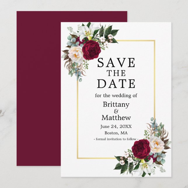 Save The Date Aquarelle Floral Bourgogne Blanc Or Frame (Devant / Derrière)