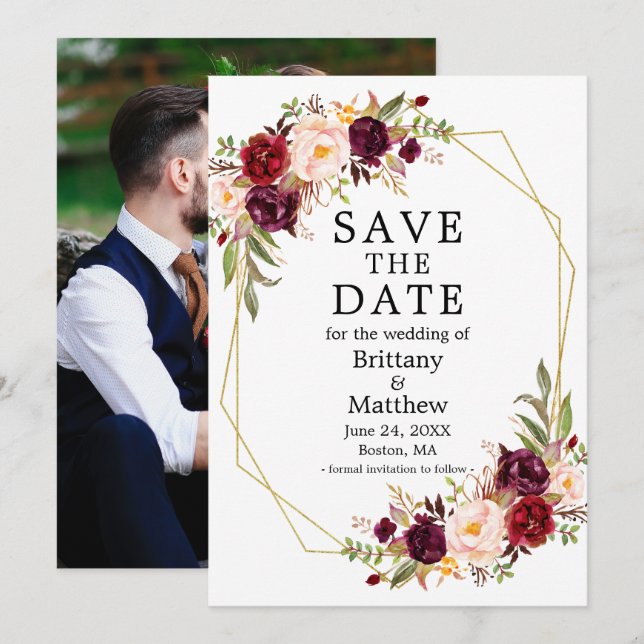 Save The Date Aquarelle Floral Bourgogne Geo Frame Photo (Devant / Derrière)