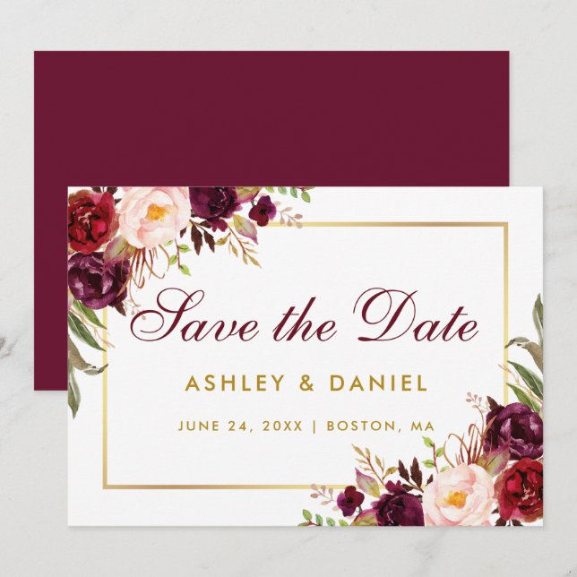 Save The Date Aquarelle Floral Bourgogne Or Enregistrer La Date  (Devant / Derrière)
