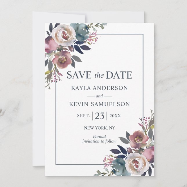 Save The Date Aquarelle Floral Dusty Rose Mauve Navy bleu (Devant)