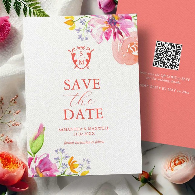 Save The Date Aquarelle Floral Enregistrer La Date (Bold Floral Blooms watercolor save the date cards art by Victoria Grigaliunas Do Tell A Belle)