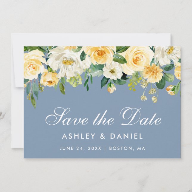 Save The Date Aquarelle Floral Jaune Blanc Duché Bleu (Devant)