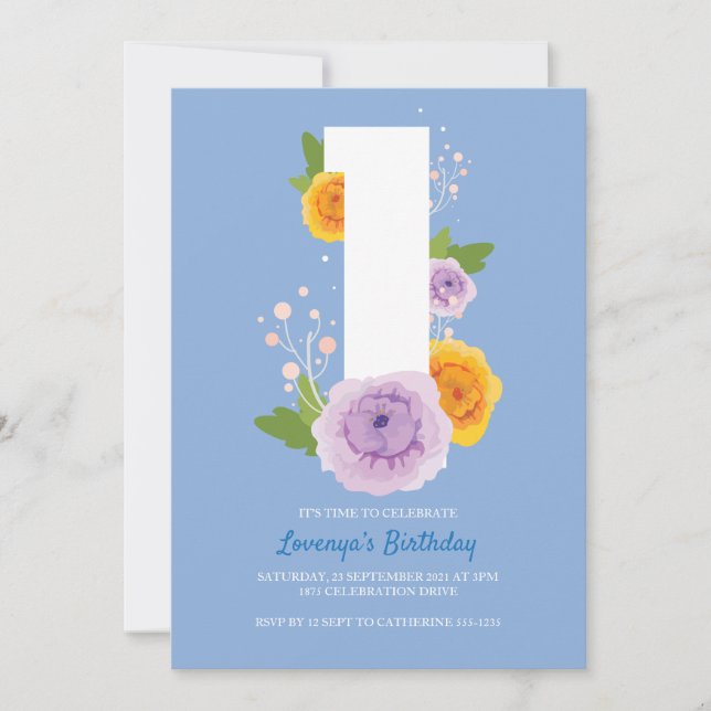 Save The Date Aquarelle Floral Joli Enfants 1er anniversaire (Devant)