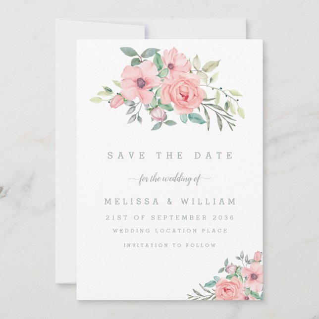 Save The Date Aquarelle Floral Mariage rose blanc (Devant)