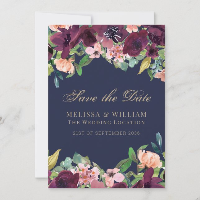 Save The Date Aquarelle Floral Marine Mariage (Devant)