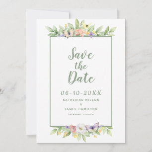 Save The Date Aquarelle Floral Papillon Élégant Mariage Vert