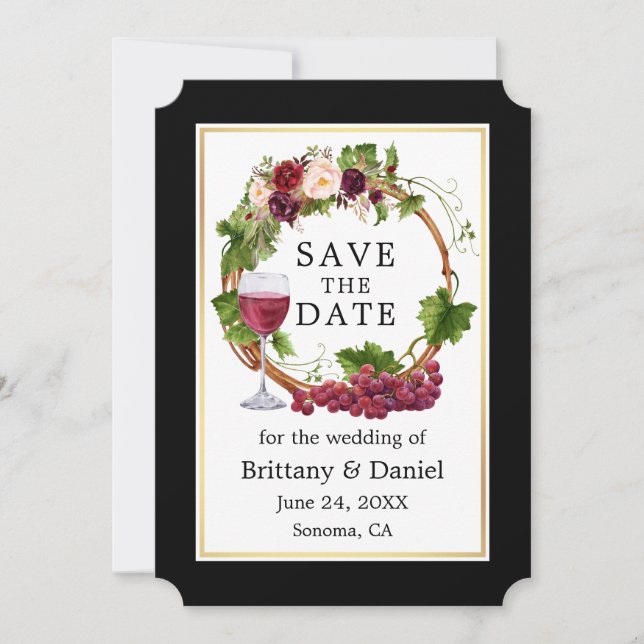 Save The Date Aquarelle Floral Raisins Wreath Black Gold (Devant)