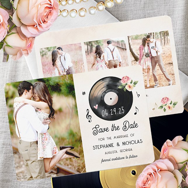Save The Date Aquarelle Floral Vinyl Enregistrer la date (Gorgeous vinyl record save the date wedding photo cards with floral accents and a vintage aesthetic.)
