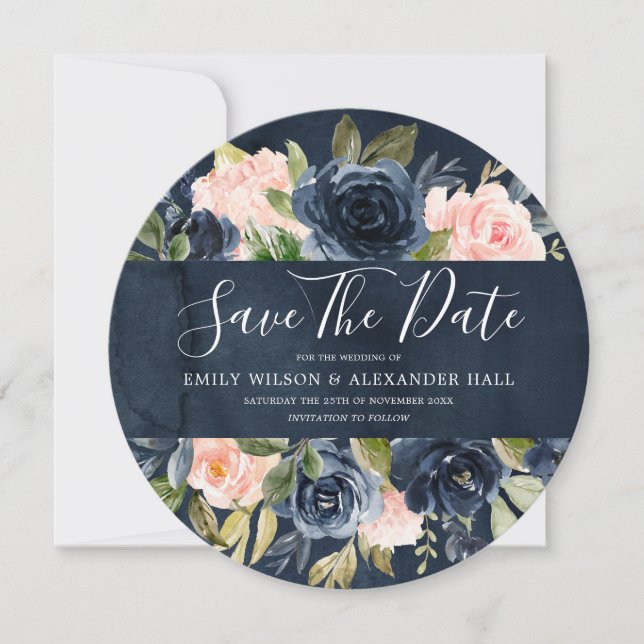 Save The Date Aquarelle Florale Bleu Nuit Profond Blush (Devant)