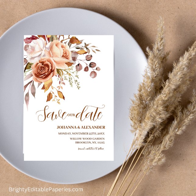 Save The Date Aquarelle Florale Dahlia Photo Terracotta Automne (Créateur téléchargé)