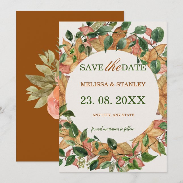 Save The Date Aquarelle Florale Orange Verdure Rustique (Devant / Derrière)