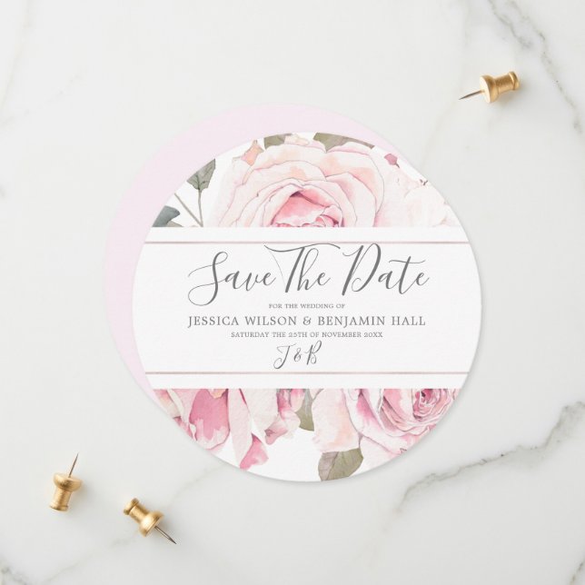 Save The Date Aquarelle florale pâle Mariage rose (Devant/Arrière en situation)