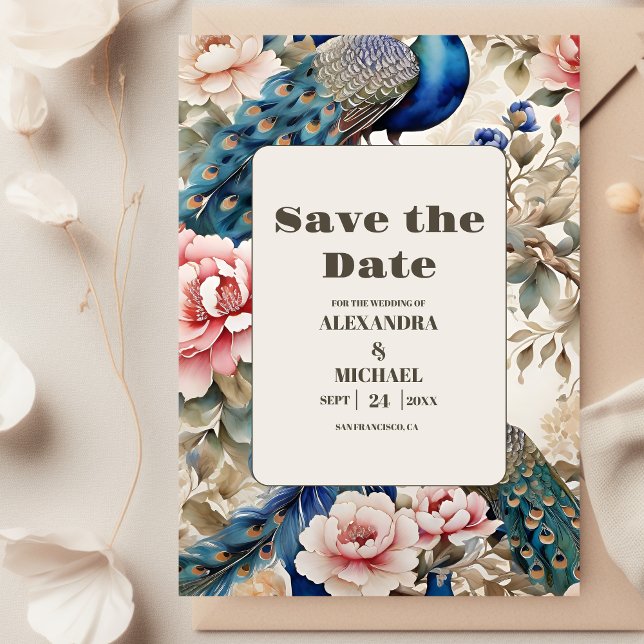 Save The Date Aquarelle Florale Peacock Chinoiserie Mariage (Créateur téléchargé)