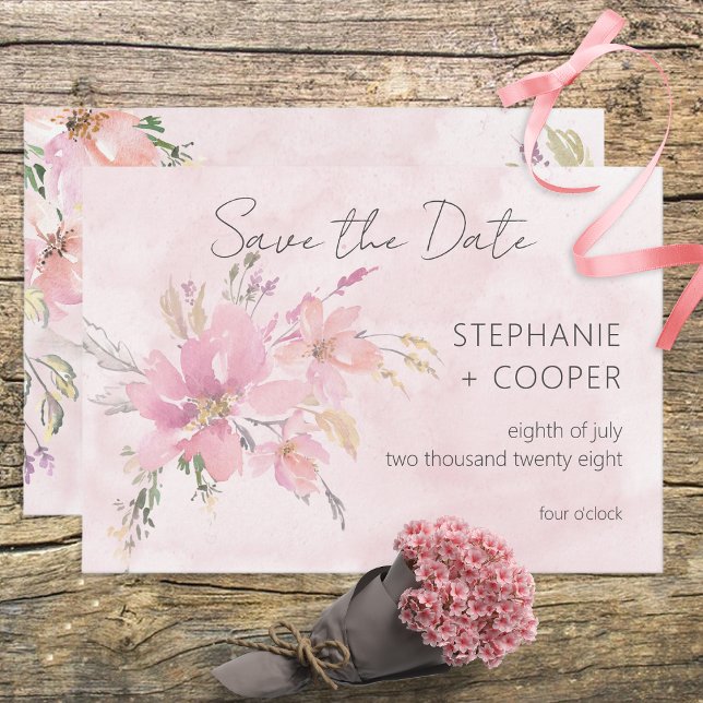 Save The Date Aquarelle florale rose bleu Mariage moderne (Créateur téléchargé)