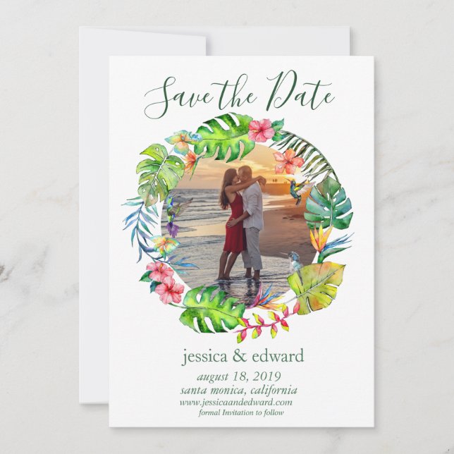 Save The Date Aquarelle florale tropicale Wreath Hawaii Photo (Devant)