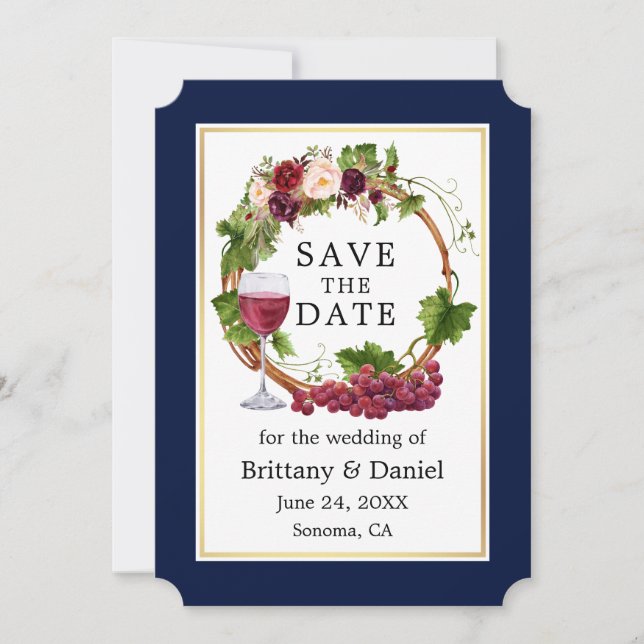 Save The Date Aquarelle Florale Vins de raisin Vin Wreath Bleu (Devant)