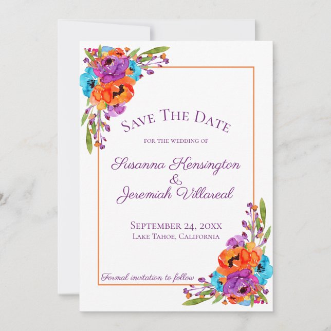 Save The Date Aquarelle Florale Violet Orange Enregistrer La Dat (Devant)