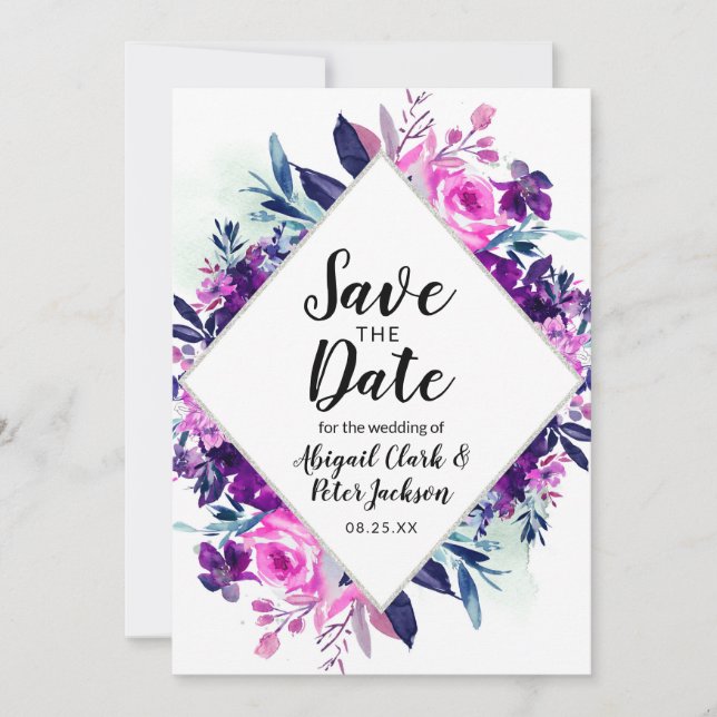 Save The Date Aquarelle florale Violet violet Diamant argenté (Devant)