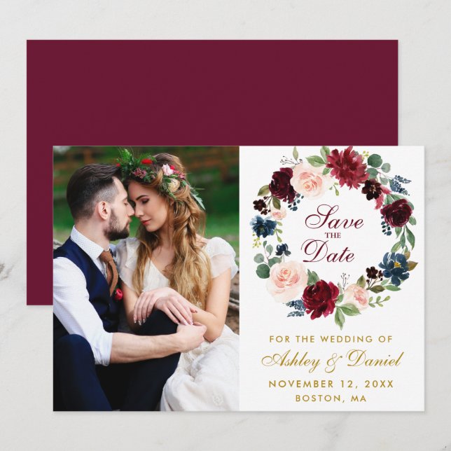 Save The Date Aquarelle Florale Wreath Burgundy Bleu Mariage B (Devant / Derrière)