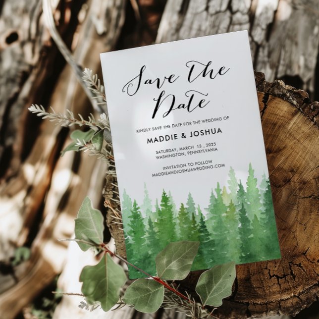 Save The Date Aquarelle Forêt Pins Photo Enregistrer la date (Créateur téléchargé)