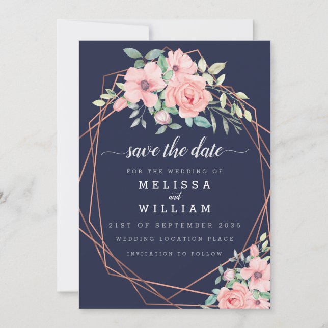 Save The Date Aquarelle géométrique en cuivre de marine Mariage  (Devant)