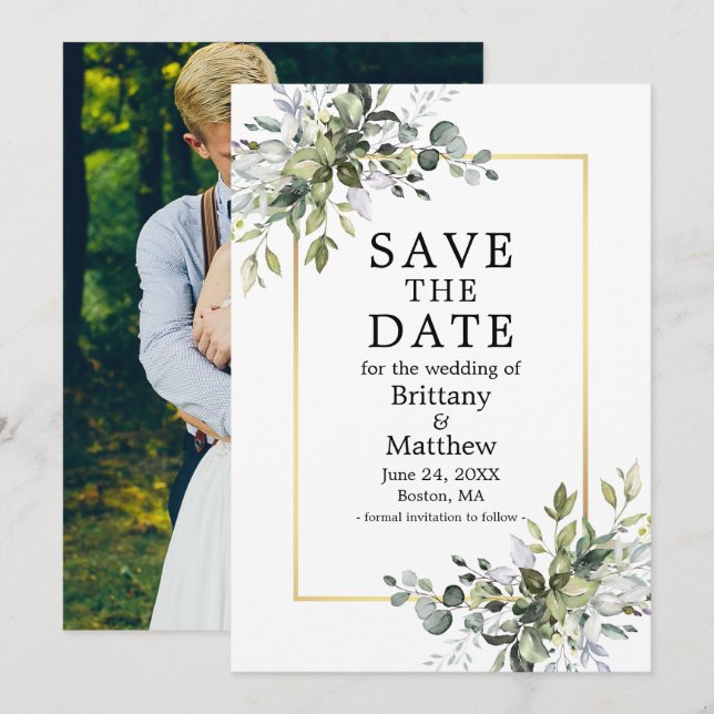Save The Date Aquarelle Gold Frame Botanical Green Photo (Devant / Derrière)