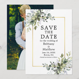 Save The Date Aquarelle Gold Frame Botanical Green Photo