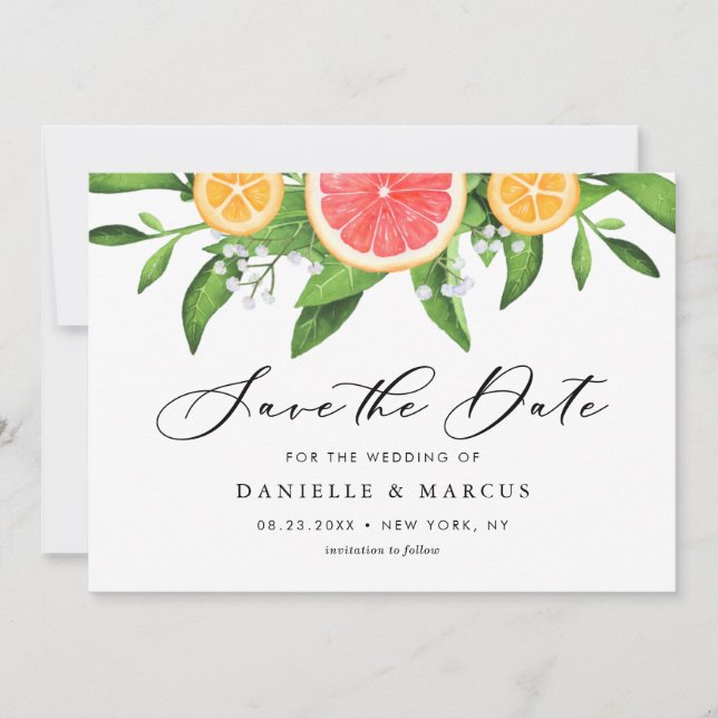 Save The Date Aquarelle Grappes et Oranges Mariage d'été (Devant)
