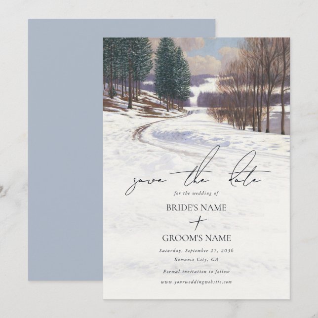 Save The Date Aquarelle Hiver Mariage paysage neige (Devant / Derrière)