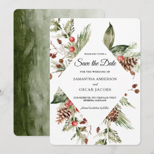 Save The Date Aquarelle Hiver Pine verte Arbre et Pine Cône