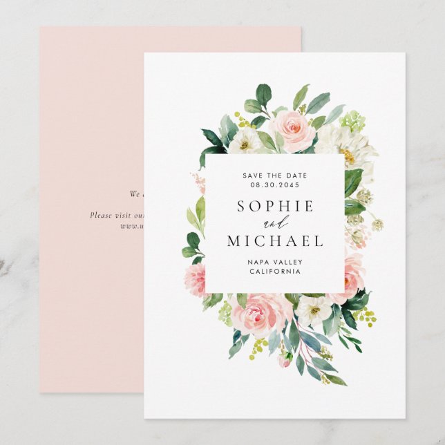 Save The Date Aquarelle Jolie Fleurs roses et verdure (Devant / Derrière)