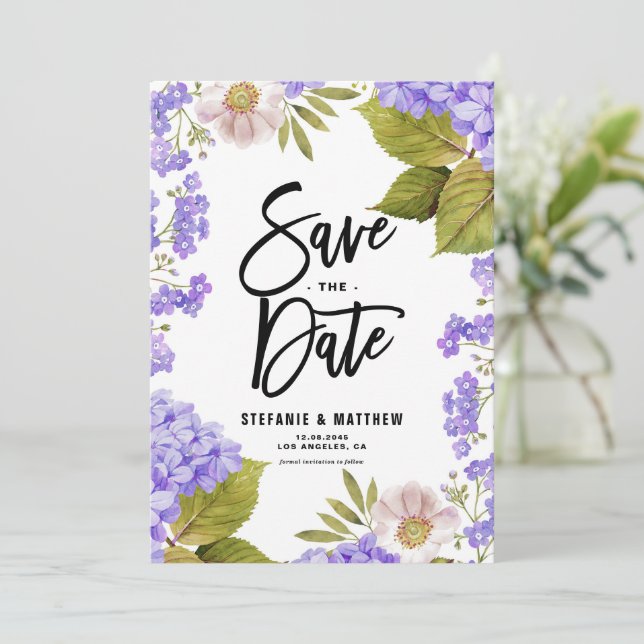 Save The Date Aquarelle Lavande Hydrangea Floral (Debout devant)