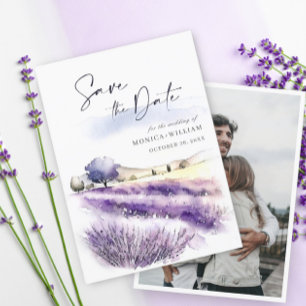 Save The Date Aquarelle Lavender Flowers Field Photo Mariage