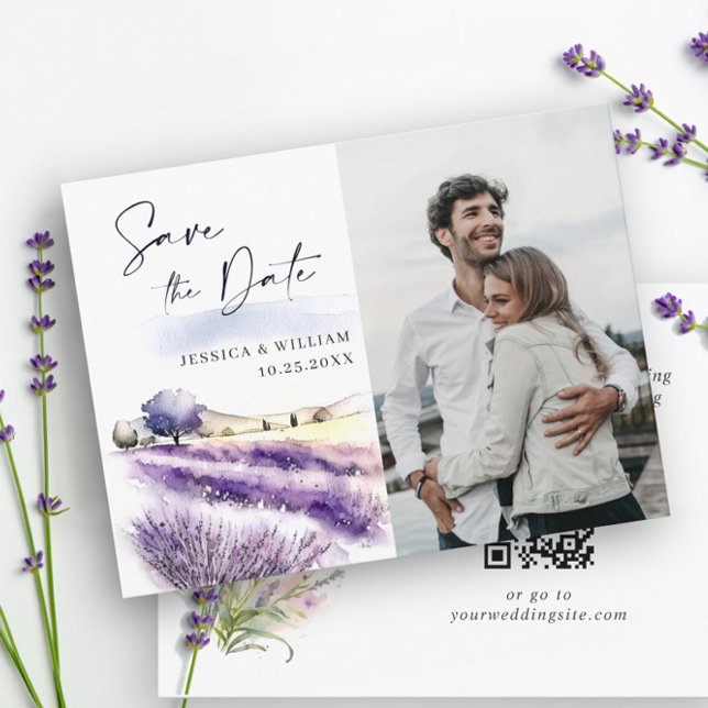 Save The Date Aquarelle Lavender Flowers Field Photo Mariage (Créateur téléchargé)