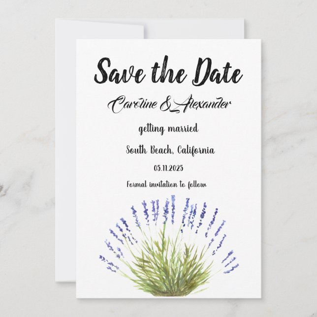 Save The Date Aquarelle Lavender Herbes Mariage Floral (Devant)