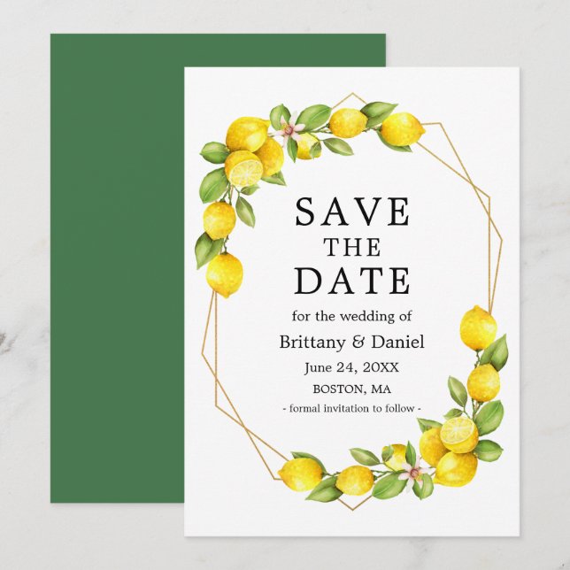 Save The Date Aquarelle Lemons Geo Cadre Vert Économisez La Date (Devant / Derrière)