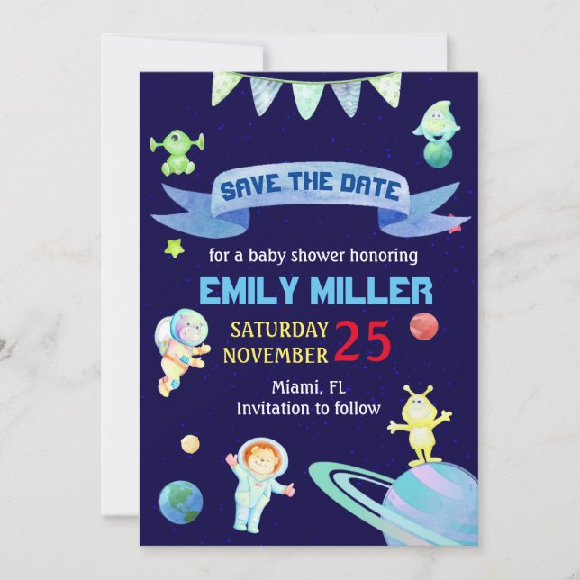 Save The Date Aquarelle Les planètes astronautes sauvent la date (Devant)