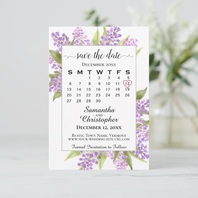 Save The Date Aquarelle Lilacs & Calendrier Elegant Mariage Boho (Debout devant)