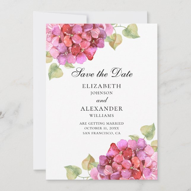 Save The Date Aquarelle lilas. Fleurs Fuchsia. Floral rose (Devant)