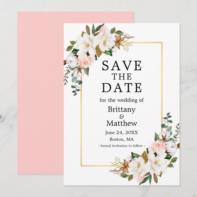 Save The Date Aquarelle Magnolias Rose Gold Frame rose (Devant / Derrière)