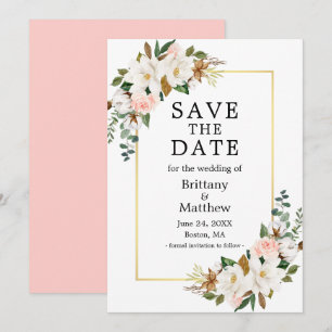 Save The Date Aquarelle Magnolias Rose Gold Frame rose