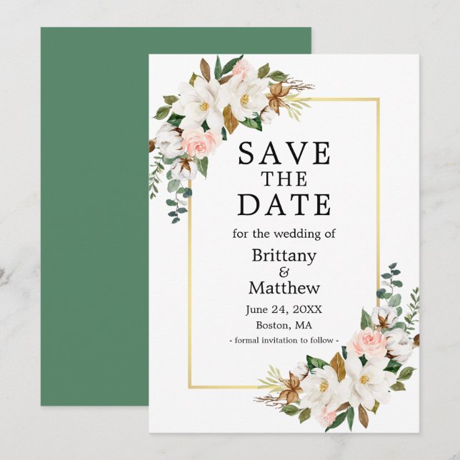 Save The Date Aquarelle Magnolias Rose Gold Frame Vert (Devant / Derrière)