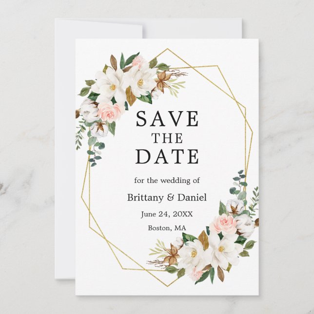 Save The Date Aquarelle Magnolias Rose Roses Or (Devant)