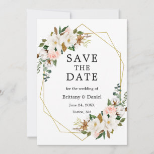 Save The Date Aquarelle Magnolias Rose Roses Or