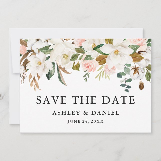 Save The Date Aquarelle Magnolias Roses roses (Devant)