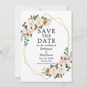 Save The Date Aquarelle Magnolias Roses Roses Rose Or Geo Frame