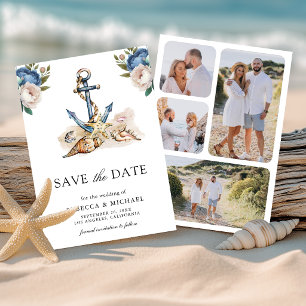 Save The Date Aquarelle mariage floral bleu marine ancre